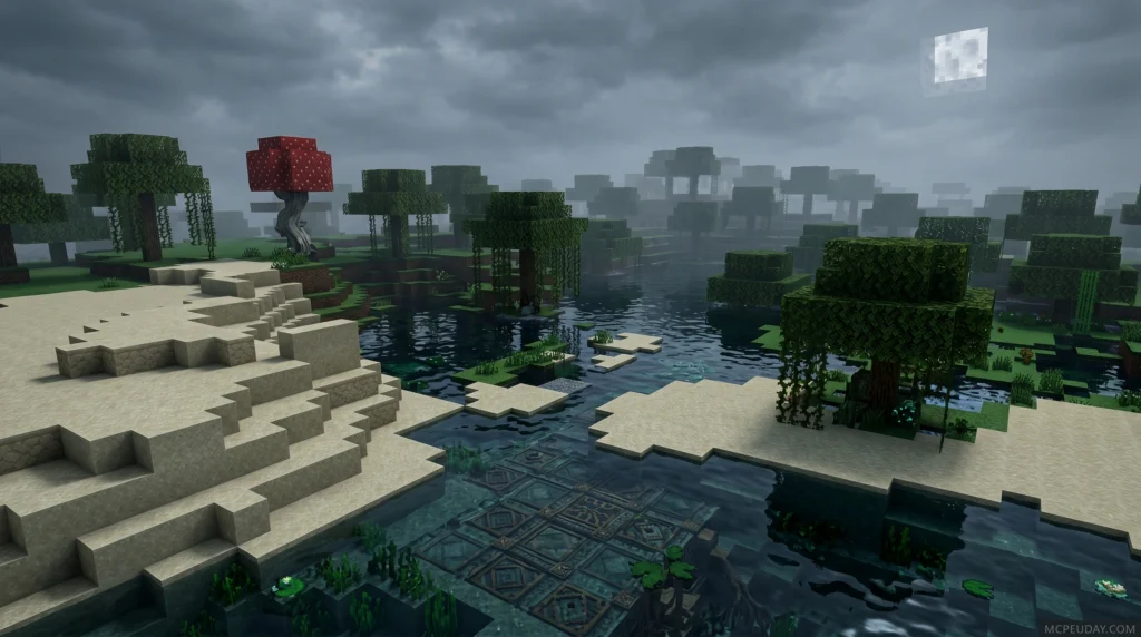 Genshin Impact Shader (26.x, 1.21) – MCPE/Bedrock Shader4k qualuty ke sath image ko or ise bahut jyda imgegine banao OR IS ME JO MAIN TEXT KE UPPER SAMLL SIZE ME YE LIK DENA "MCPEUDAY.COM"