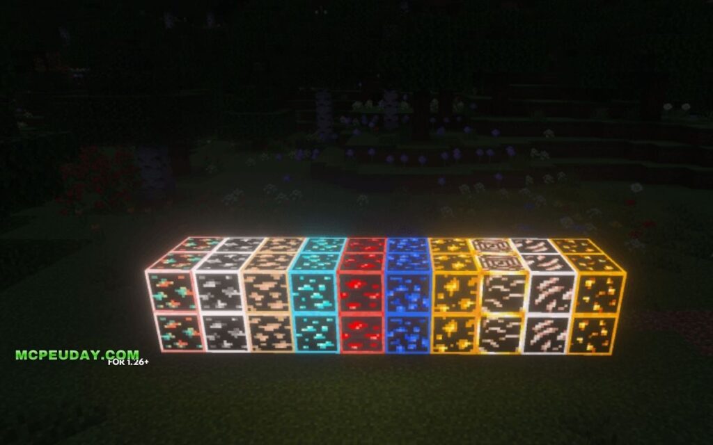 Radiant Glowing Ores texture pack in dark Minecraft cave Radiant Glowing Ores T Pack (26.x, 1.21) – MCPE/Bedrock Texture Pack