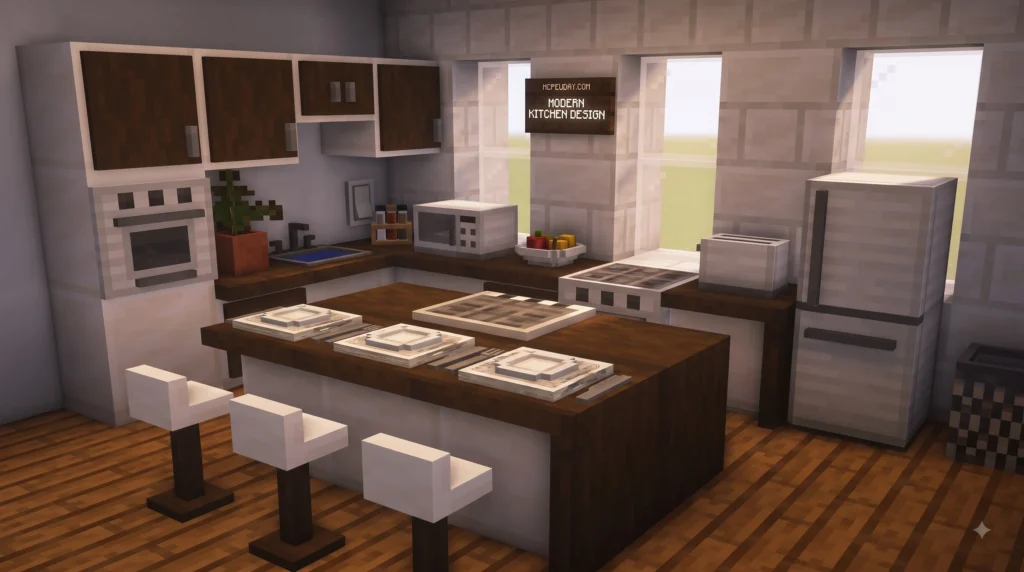Rustic Minecraft living room with custom medieval furniture and wooden interior