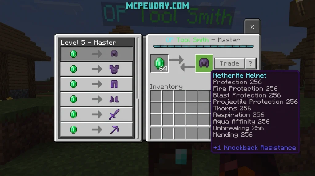 OP Tool Smith Addon gameplay Minecraft Bedrock custom villager overpowered gear